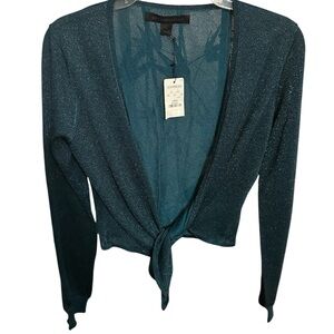 Express Shimmering Teal Tie-Front Cropped Knit Silk Top- NWT Size L
